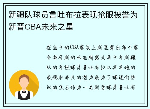 新疆队球员鲁吐布拉表现抢眼被誉为新晋CBA未来之星